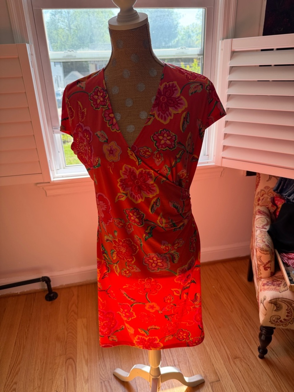 Jones New York Red Floral Wrap Midi Dress